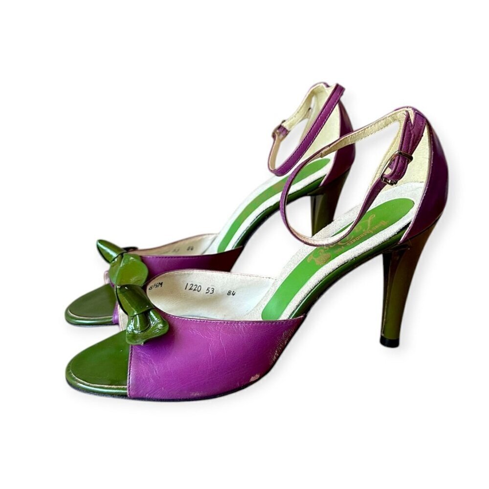 Vintage Joseph Larose Bow Leather Sandals, Size 8.5 M, Magenta,‎ Green
